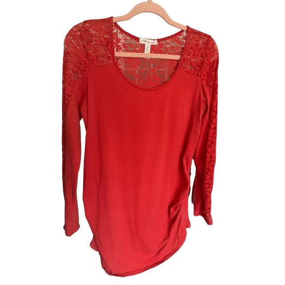 Ambiance Maternity Red long sleeve shirt ruched sides sheer lace sleeves back XL - Picture 1 of 4
